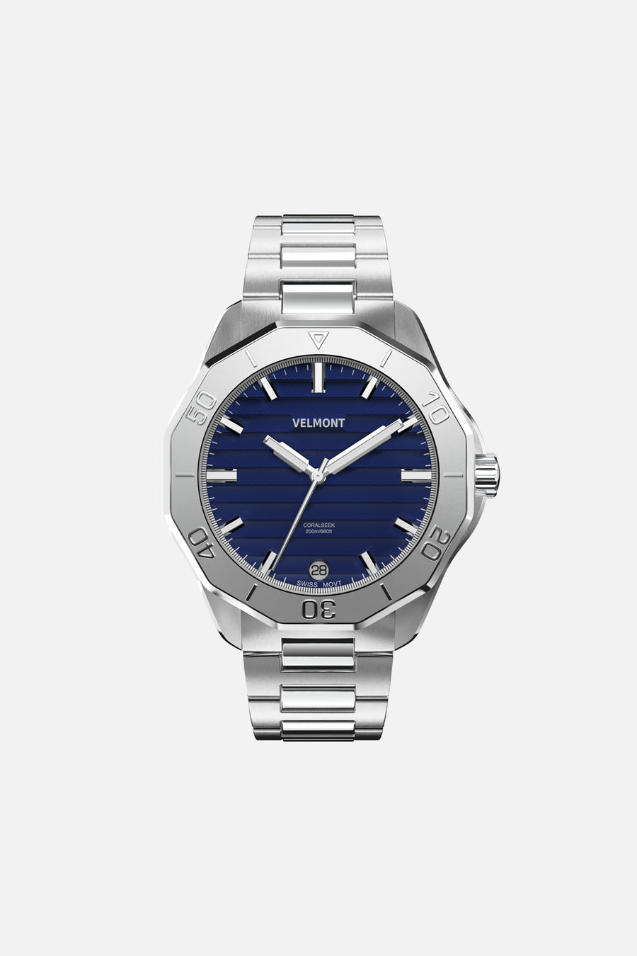 Front view of the 40 mm watch with blue dial on a silver-tone link bracelet