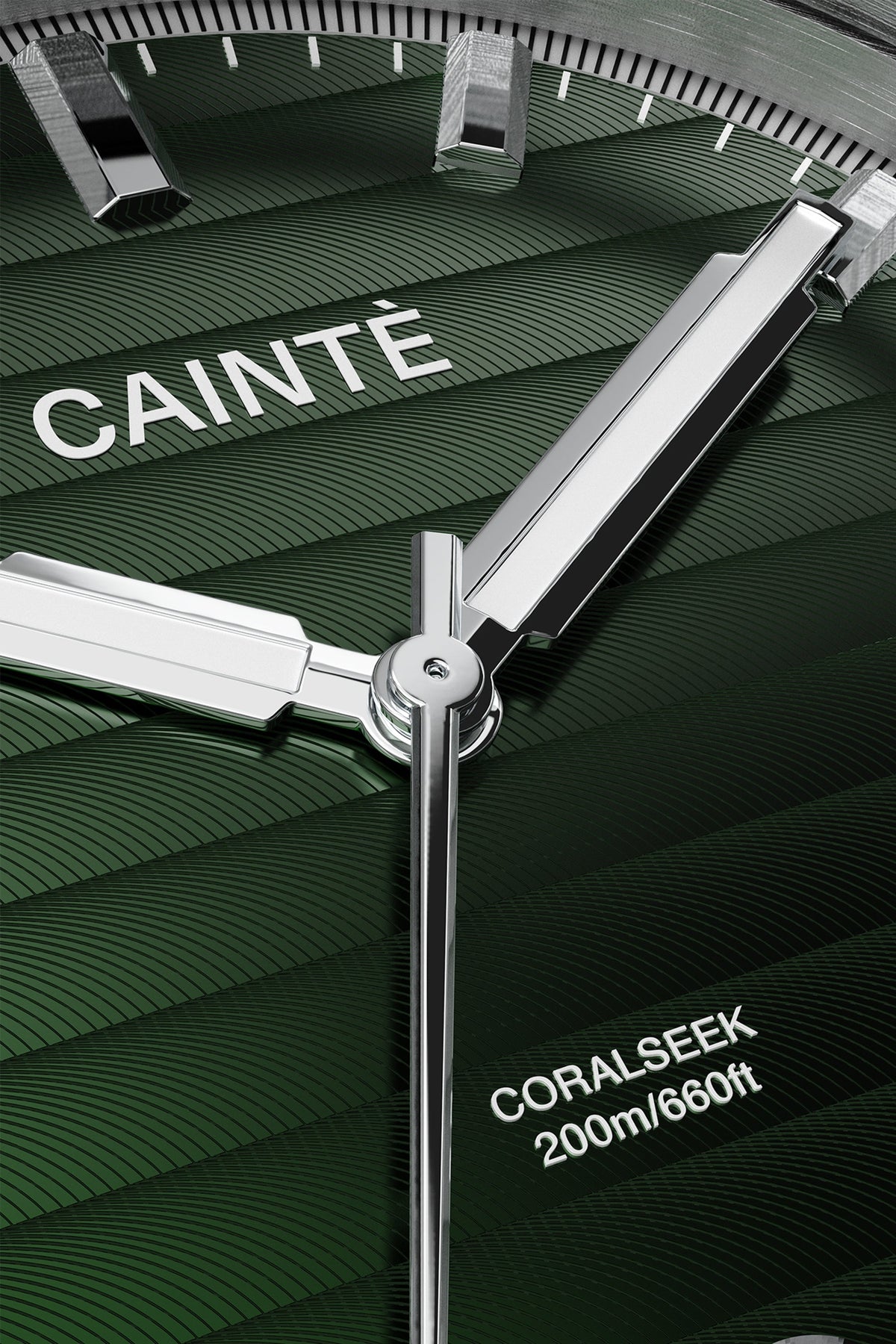 Close-up of the green ridged dial and polished hands