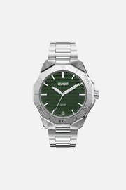 Front view of the 40 mm watch with green dial on a silver-tone link bracelet