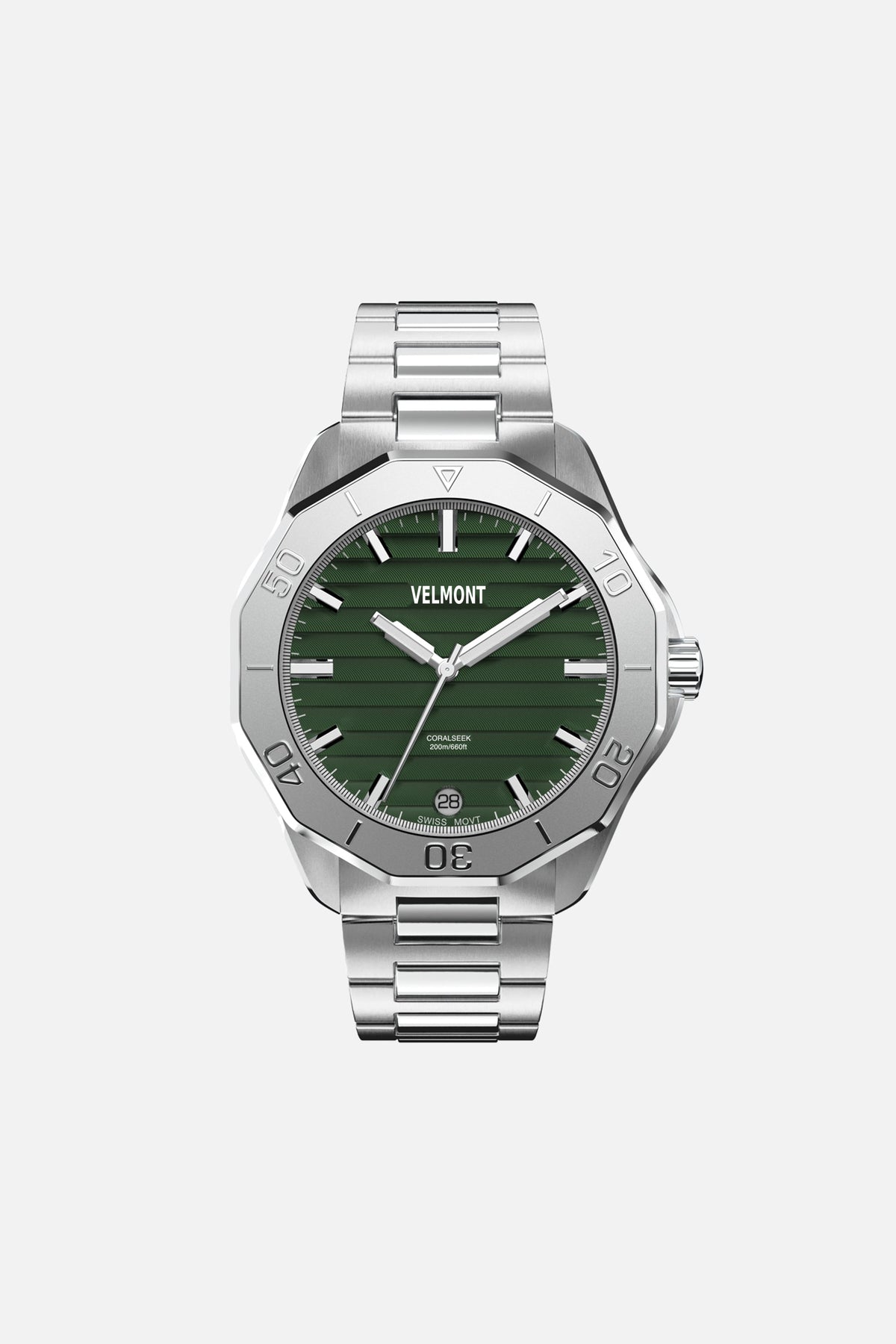 Front view of the 40 mm watch with green dial on a silver-tone link bracelet