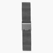 Gunmetal mesh strap with a brushed fold-over clasp, laid out flat.