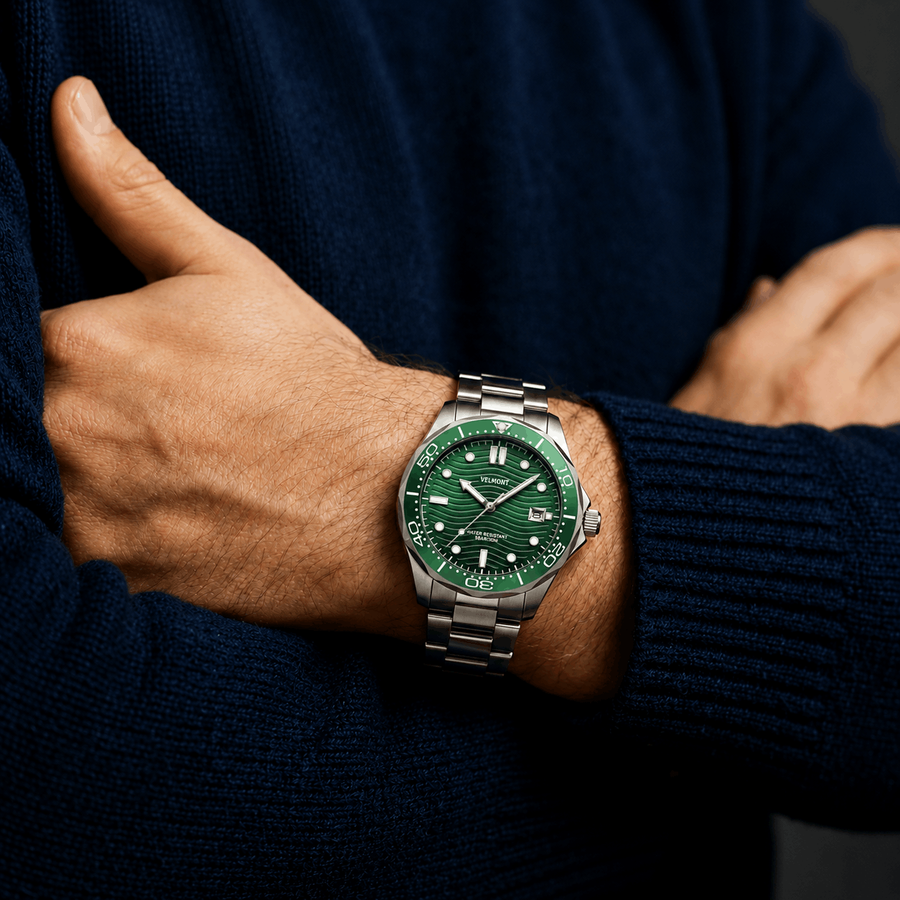Green watch on a crossed-arm wrist