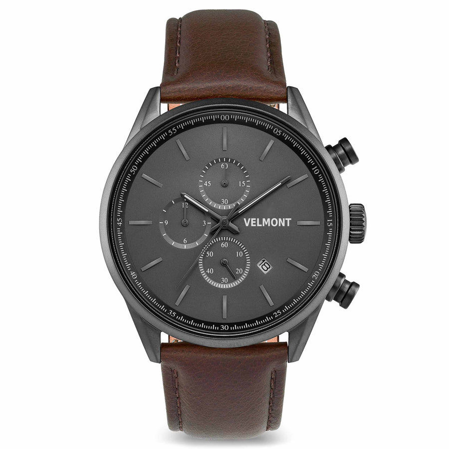 Gunmetal chronograph with gray dial and brown strap, front view