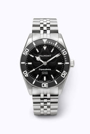 Black dial and bezel watch on a steel bracelet