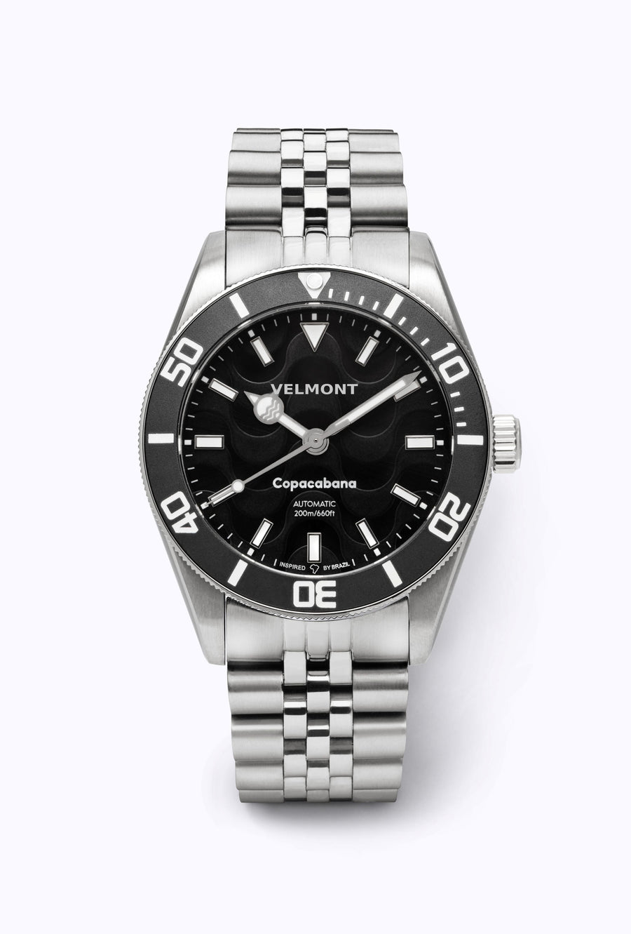 Black dial and bezel watch on a steel bracelet