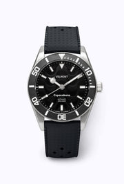 Black dial watch on a black perforated rubber strap