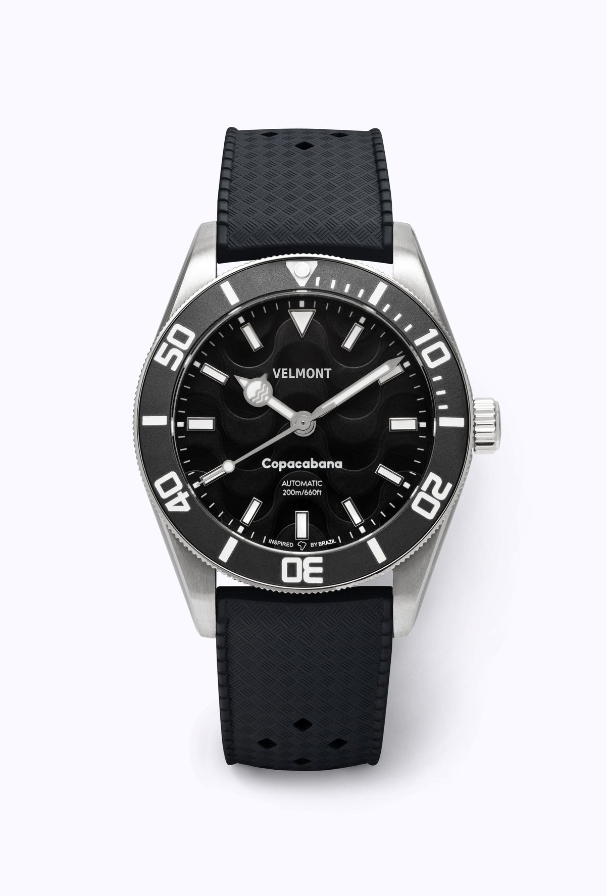 Black dial watch on a black perforated rubber strap