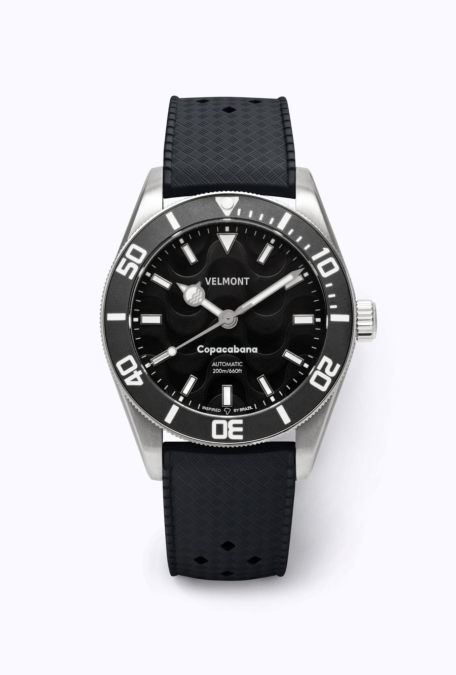 Black dial watch on a black perforated rubber strap