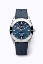 Blue dial watch on a blue perforated rubber strap