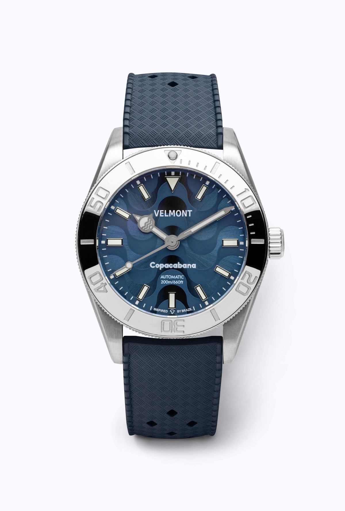 Blue dial watch on a blue perforated rubber strap