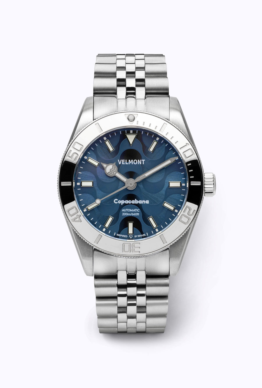 Blue wave dial watch with black and steel bezel on a bracelet