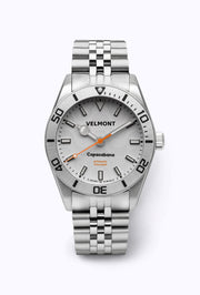 White dial watch with steel bezel on a bracelet