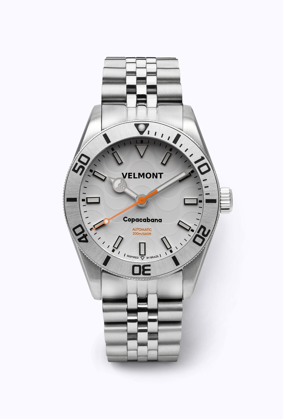 White dial watch with steel bezel on a bracelet