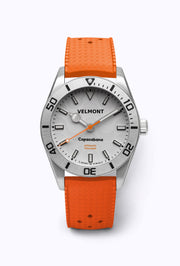 White dial watch on an orange perforated rubber strap