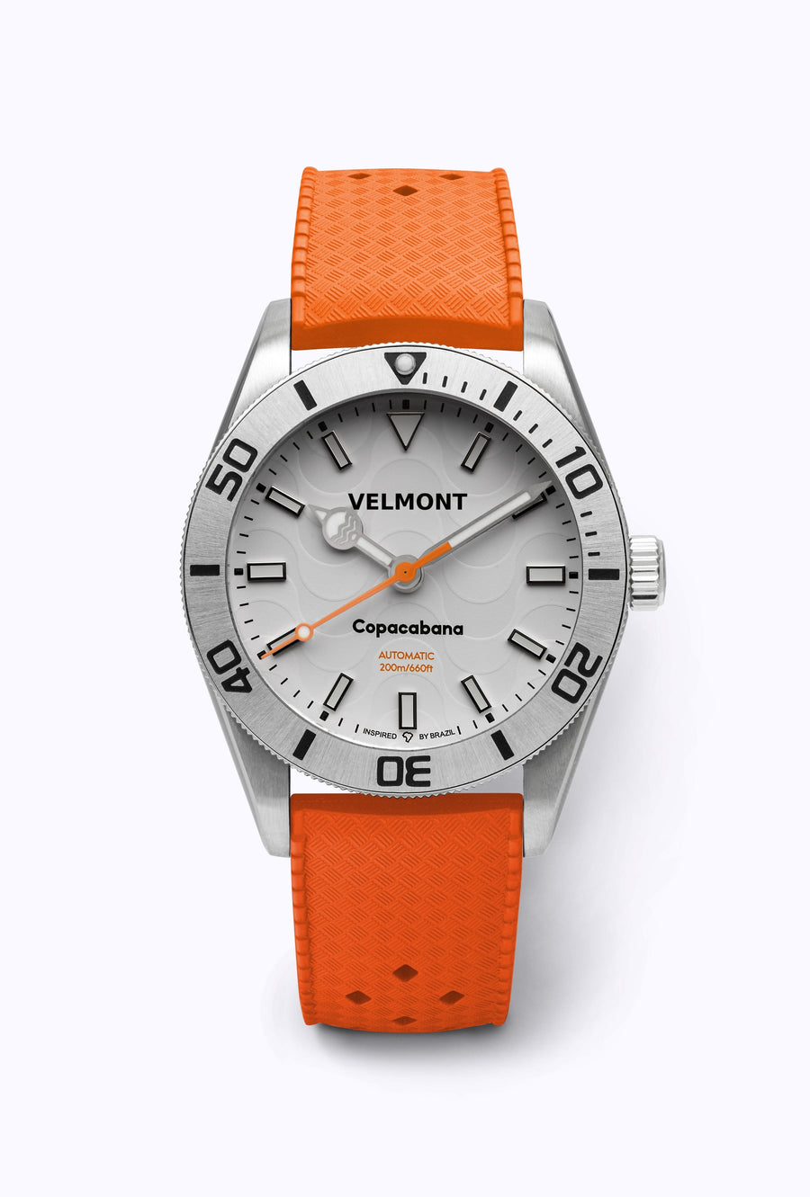 White dial watch on an orange perforated rubber strap