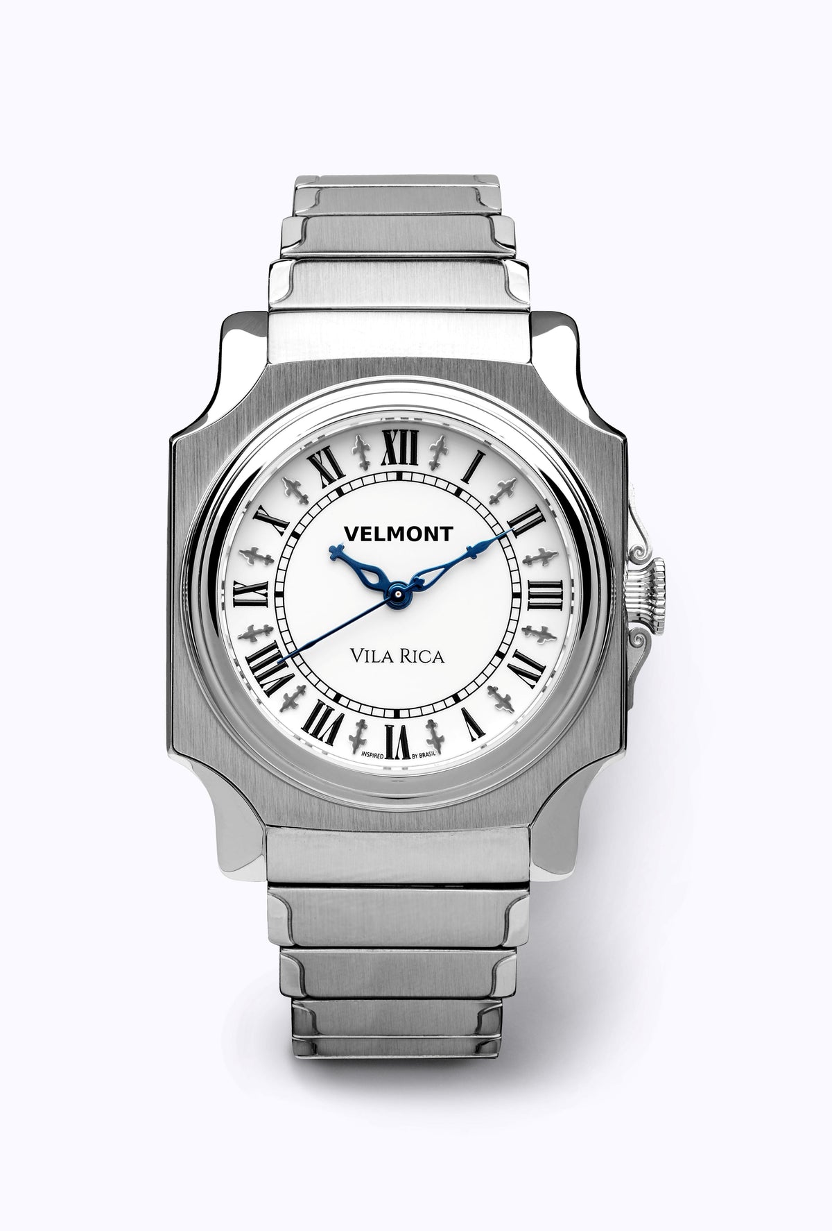 Cushion-case steel watch on a steel bracelet