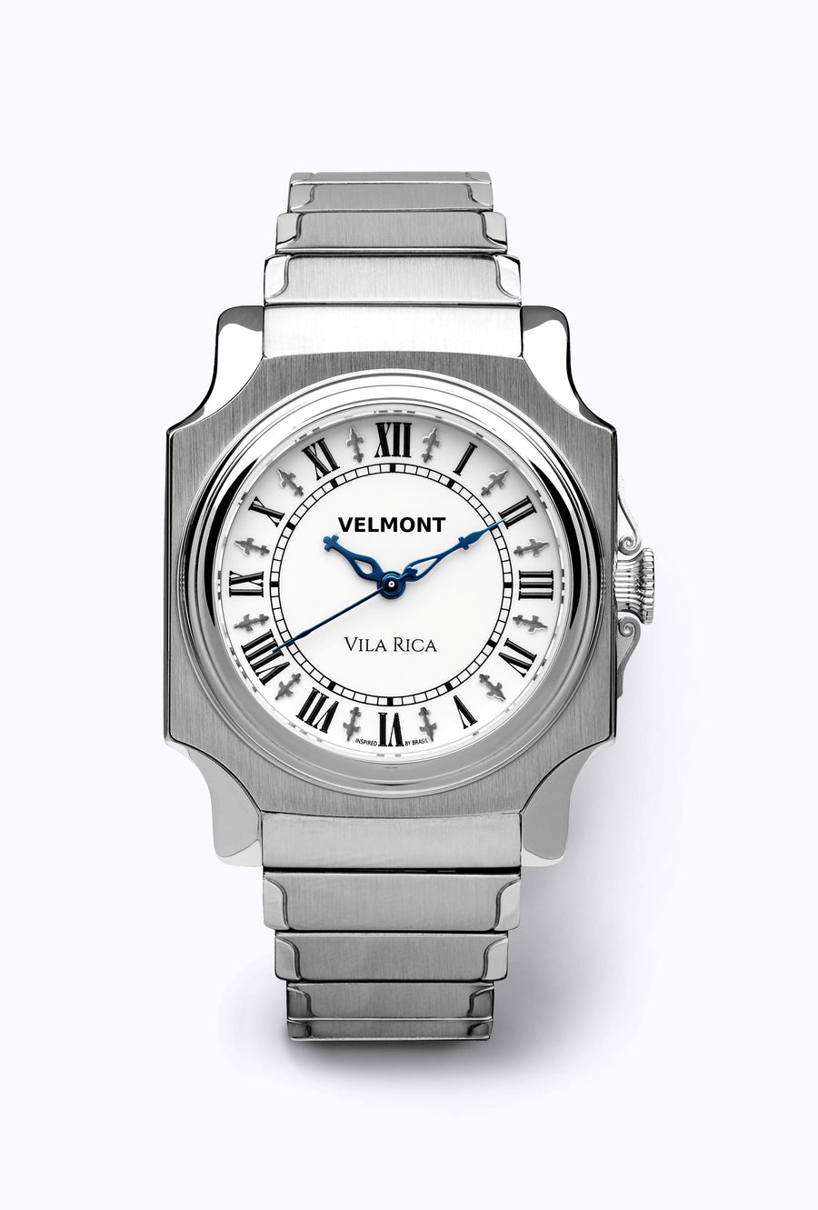 Cushion-case steel watch on a steel bracelet