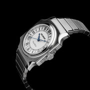 Steel watch at an angle on a black background