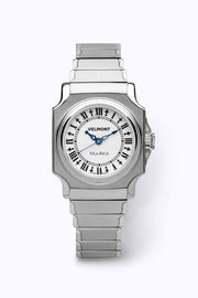 Small cushion-case watch on a steel bracelet