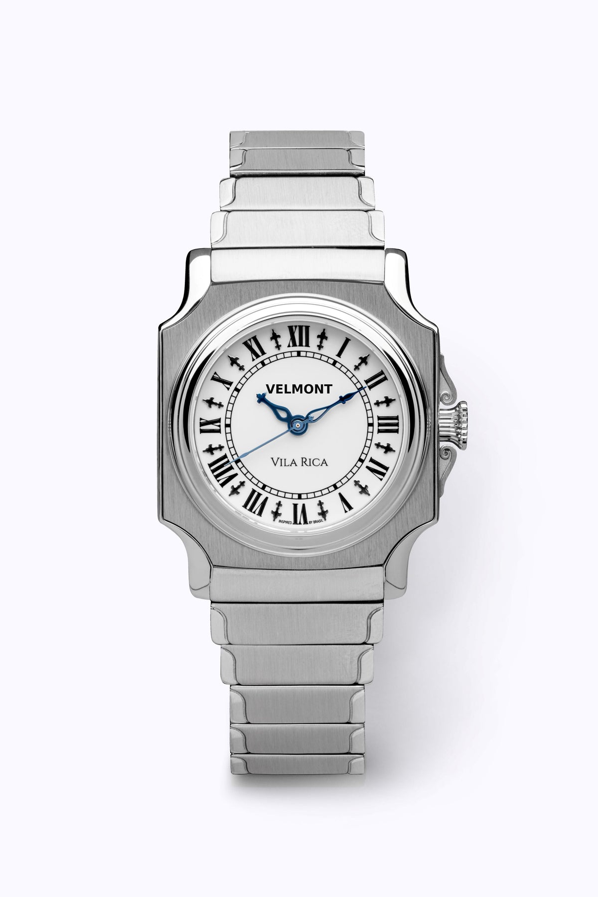 Small cushion-case watch on a steel bracelet