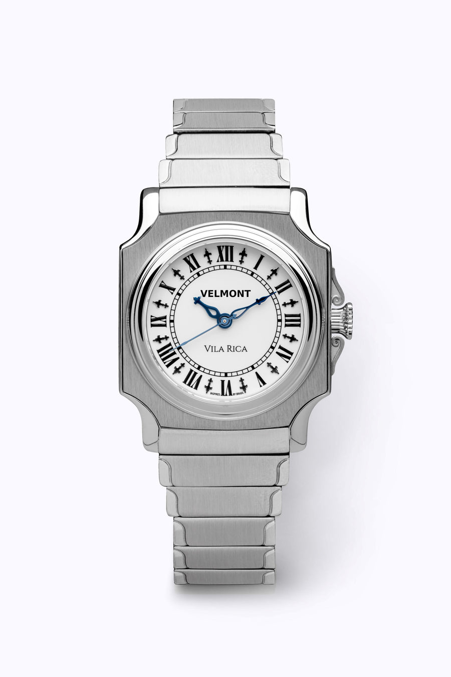Small cushion-case watch on a steel bracelet