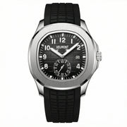 Silver-tone watch with black grid dial and black rubber strap, front view