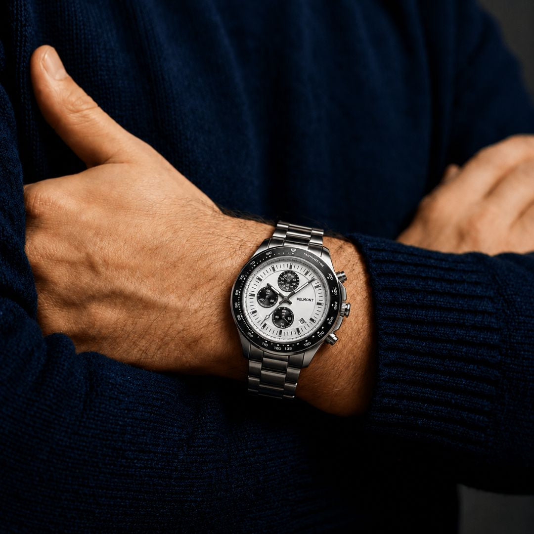 Panda chronograph on a crossed-arm wrist
