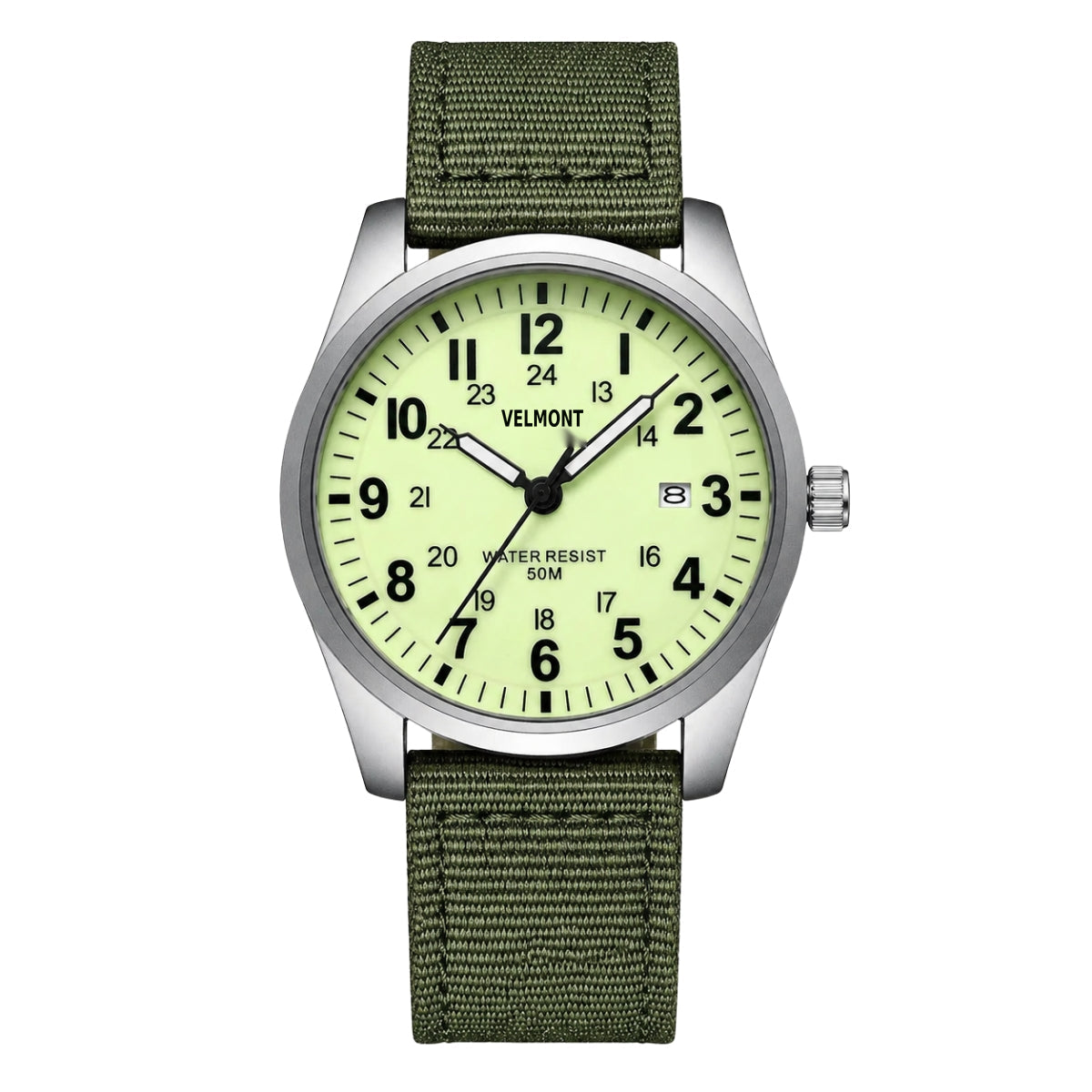 Steel field watch with pale dial on green fabric strap