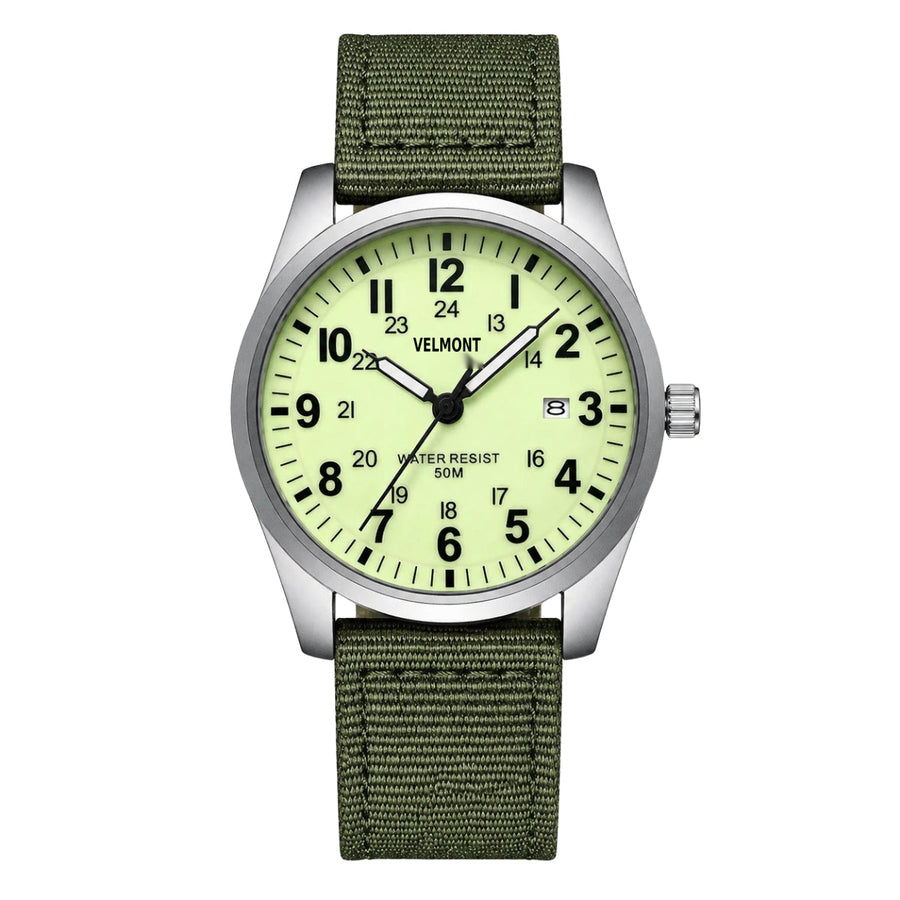 Steel field watch with pale dial on green fabric strap