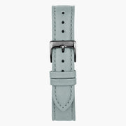Light gray strap with tonal stitching and a contrasting gunmetal pin buckle.