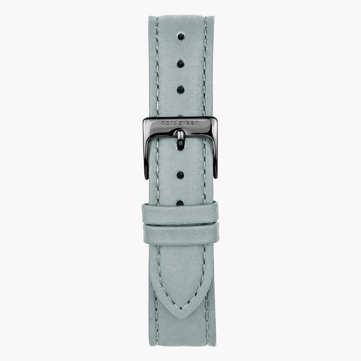 Light gray strap with tonal stitching and a contrasting gunmetal pin buckle.
