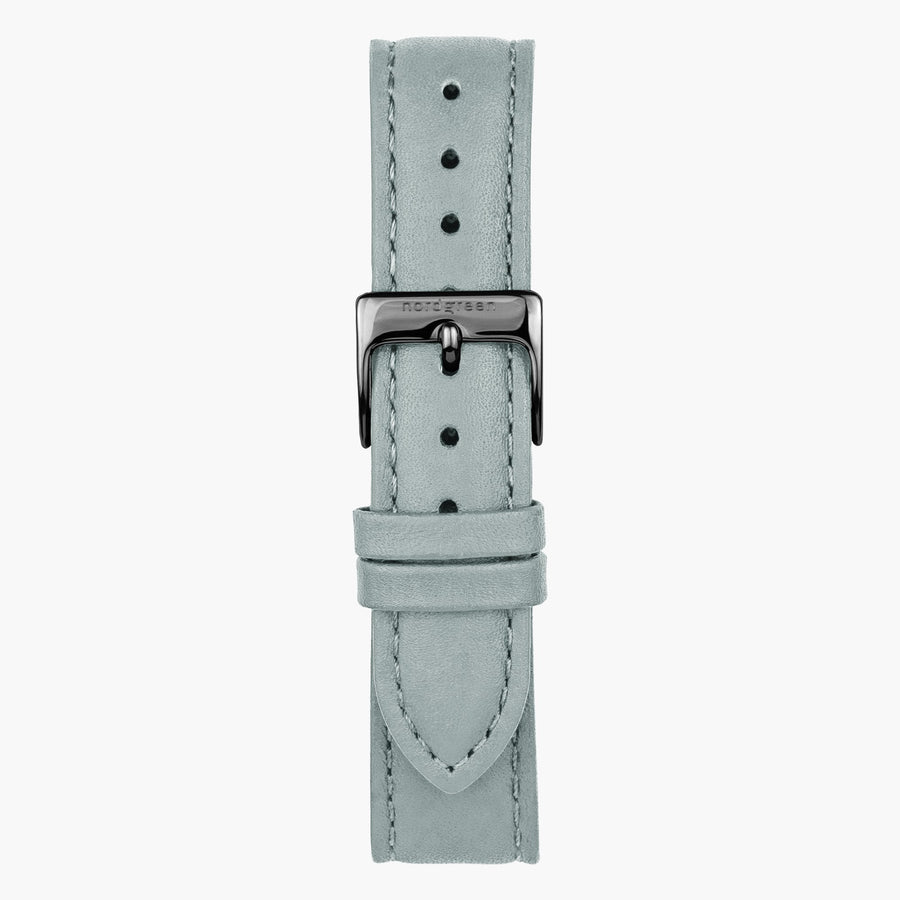 Light gray strap with tonal stitching and a contrasting gunmetal pin buckle.