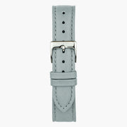 Light gray smooth strap with darker gray stitching and a silver-tone buckle.