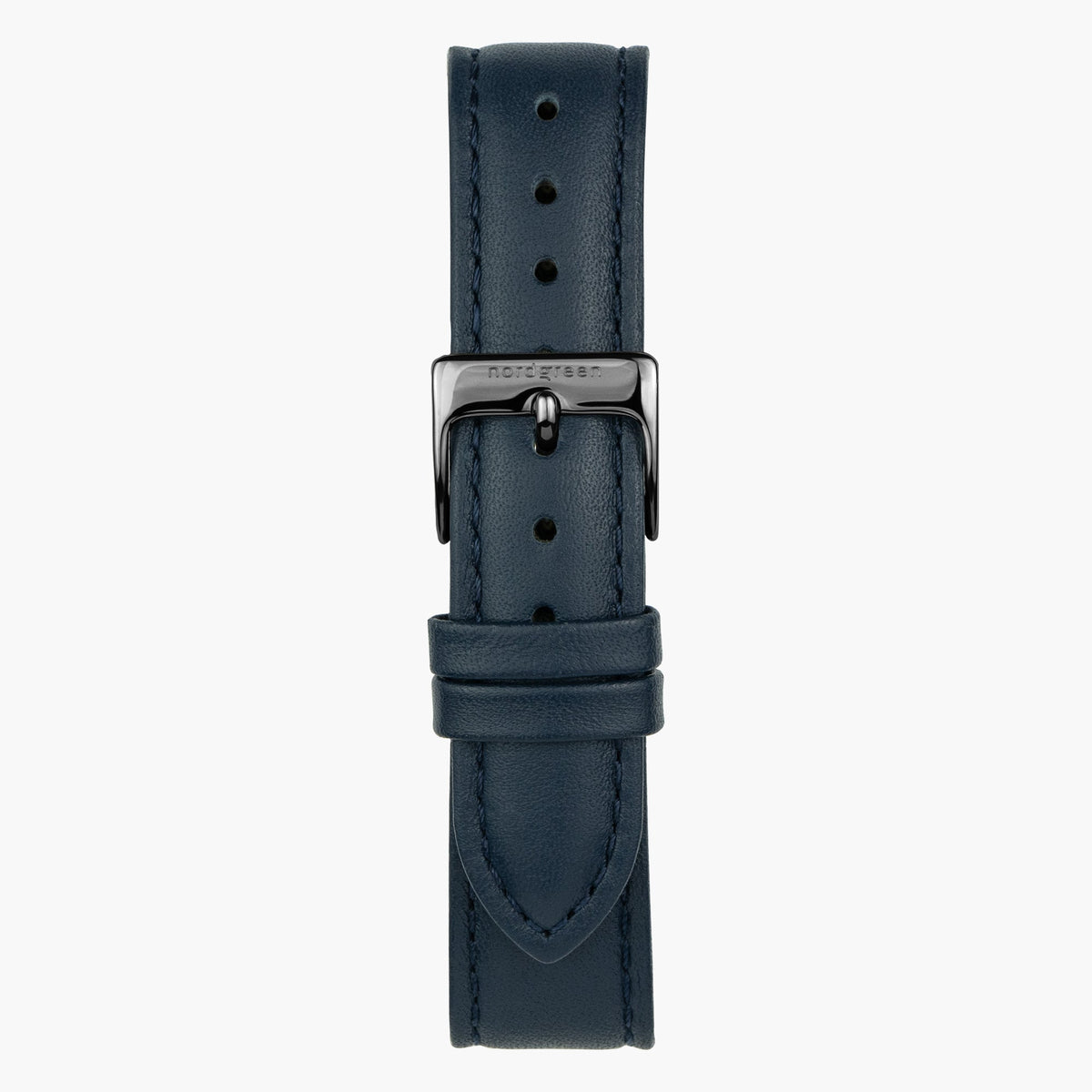 Navy strap with tonal stitching and a gunmetal pin buckle, laid out flat.