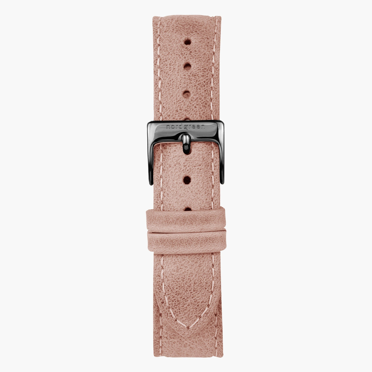 Dusty pink strap with light contrast stitching and a gunmetal buckle.