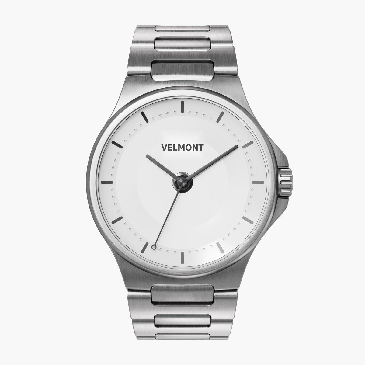 Watch with a white dial and silver-tone case on a matching link bracelet, front view.