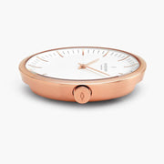 Side profile of the rose gold-tone case and engraved crown.