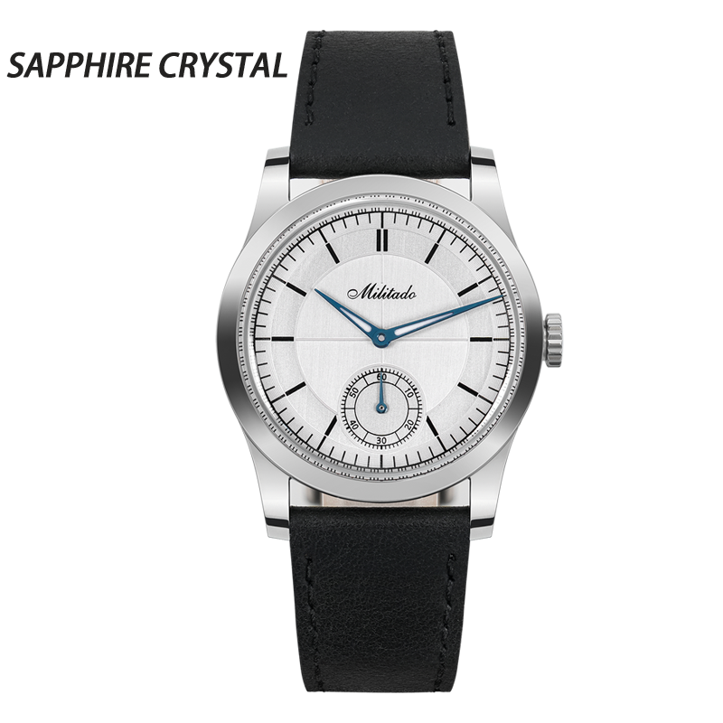 Silver-dial dress watch with overlay text, black background
