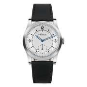 Silver-dial dress watch with 12, 3 and 9 numerals on a black strap