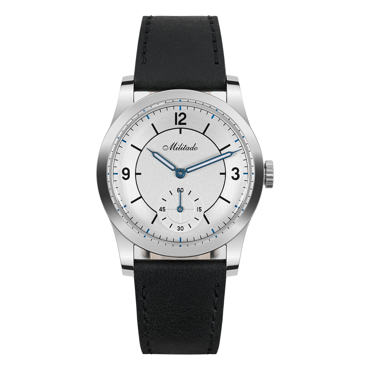 Silver-dial dress watch with 12, 3 and 9 numerals on a black strap