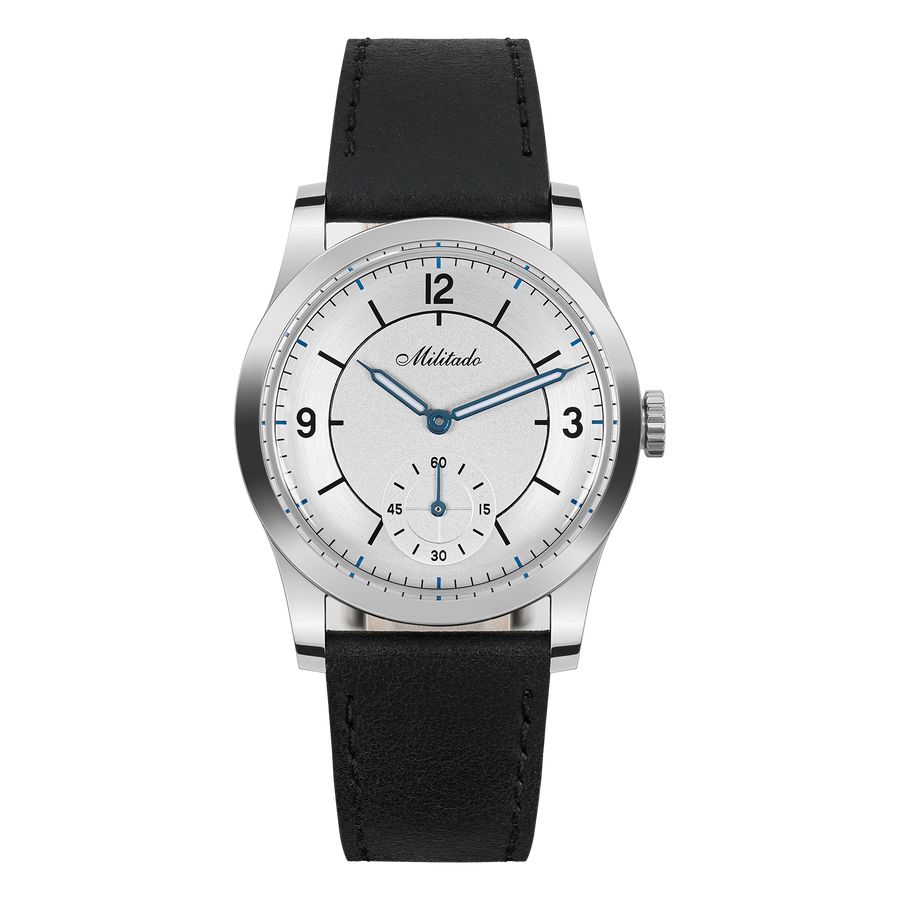 Silver-dial dress watch with 12, 3 and 9 numerals on a black strap