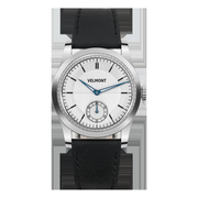 Silver-dial dress watch with blue hands and small seconds on a black strap