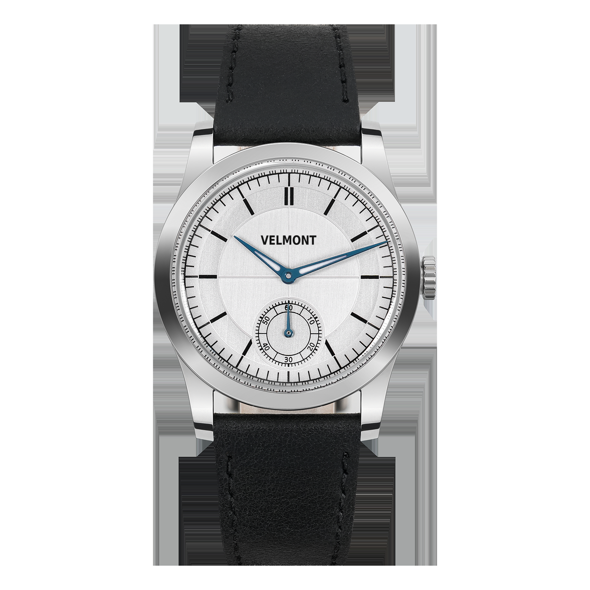 Silver-dial dress watch with blue hands and small seconds on a black strap