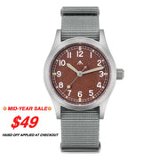 Red-brown dial military watch on a gray nylon strap with sale text