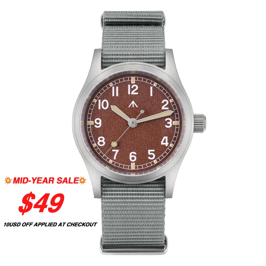 Red-brown dial military watch on a gray nylon strap with sale text