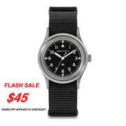 Black-dial field watch on a black nylon strap with sale text