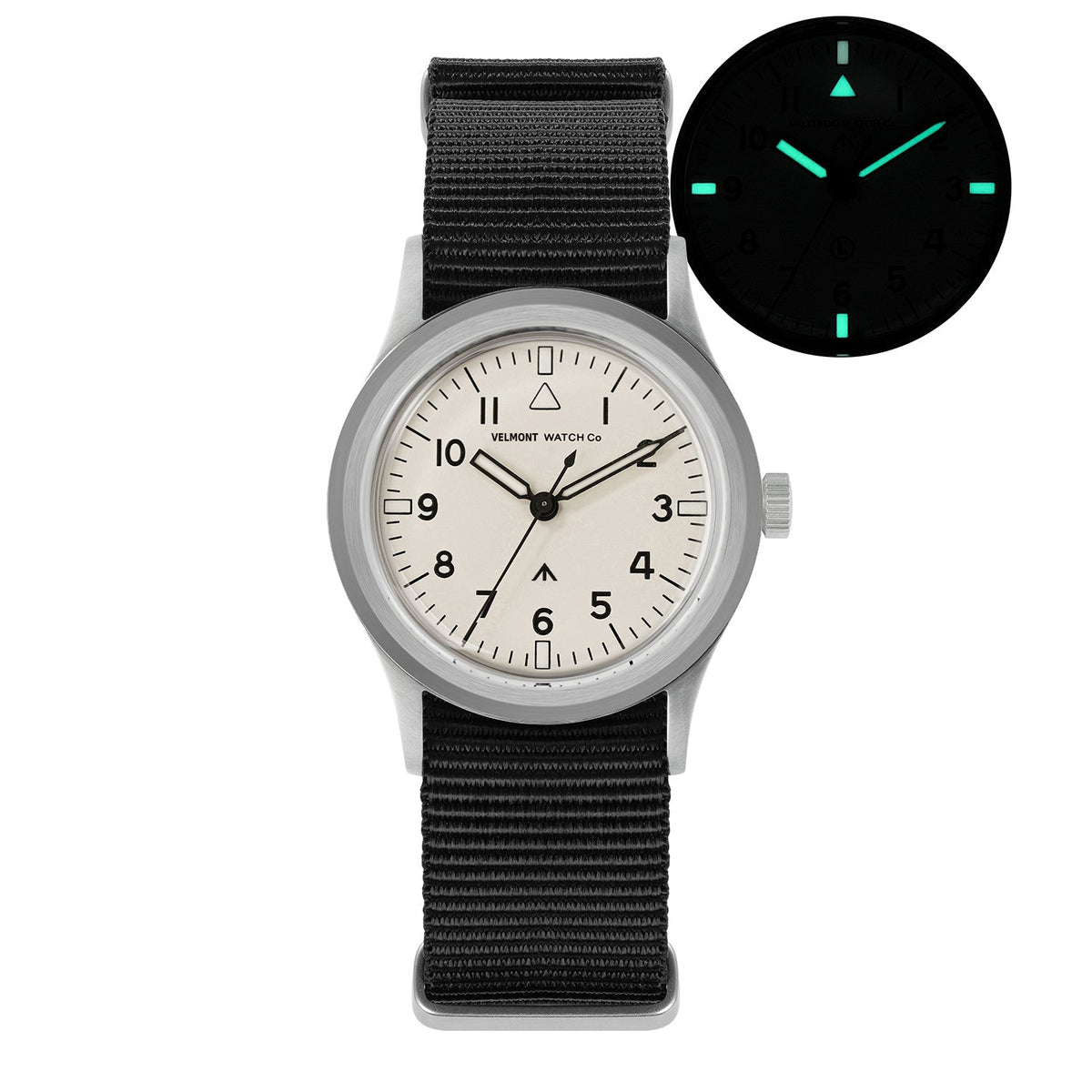 Cream-dial military watch with glow-in-the-dark inset
