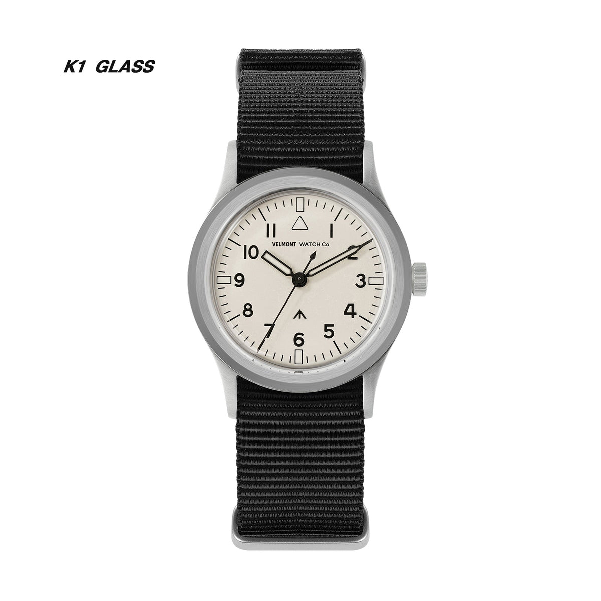 Cream-dial military watch labeled K1 Glass