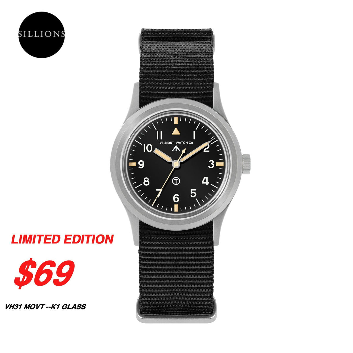 Black-dial military watch with cream hands, promotional text and logo