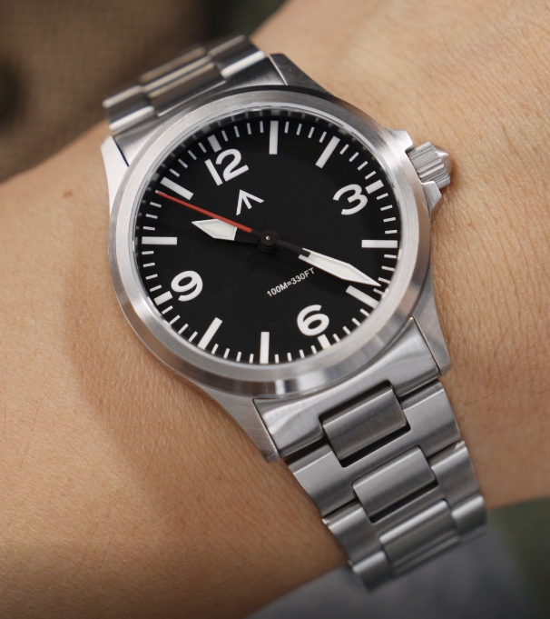 Pilot-style watch on the wrist